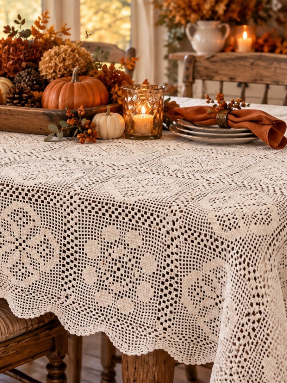 Vintage Hand Crocheted White Cotton Tablecloth 47 x 47 Floral Filet Crochet